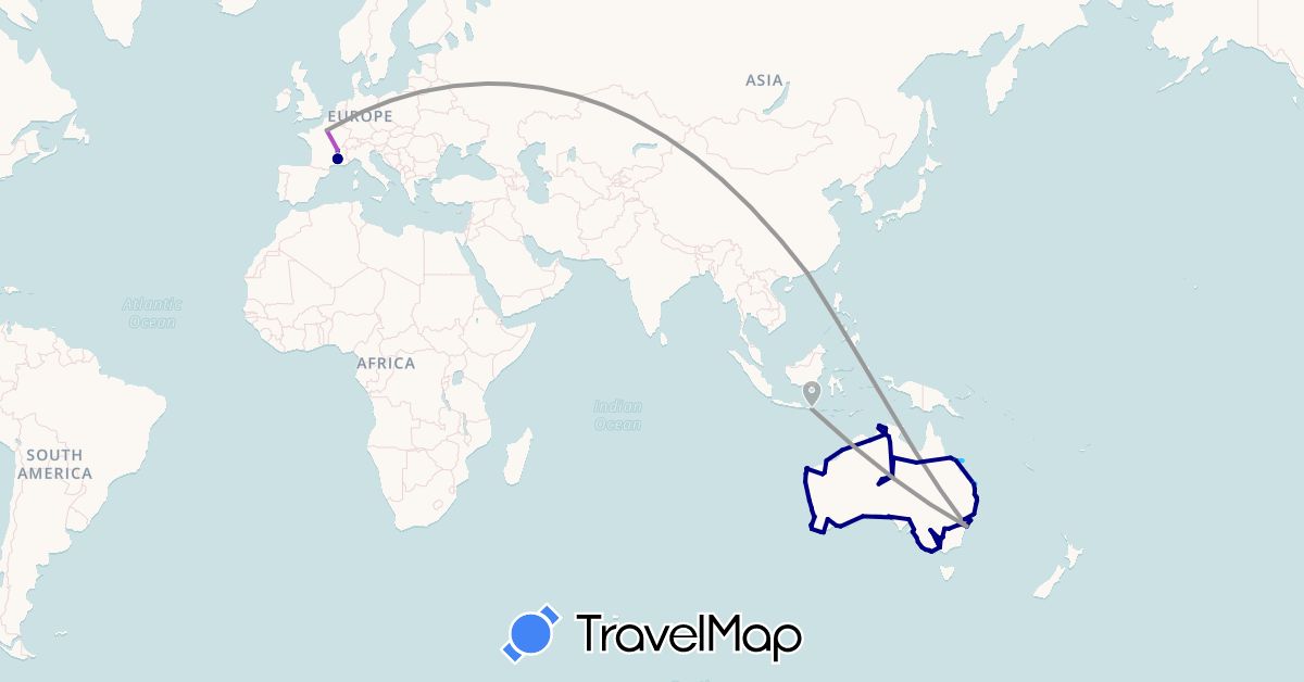 TravelMap itinerary: driving, plane, train, boat in Australia, France, Hong Kong, Indonesia (Asia, Europe, Oceania)